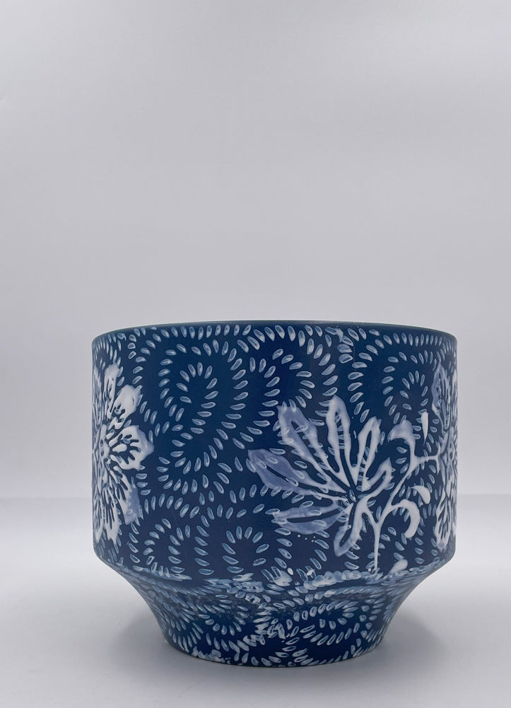 Round Stoneware Planter with Floral, Blue, White by Creative Co-op
