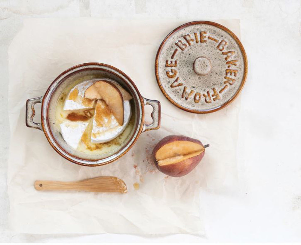 Stoneware Brie Baker with Bamboo Canape Knife by Creative Co-op