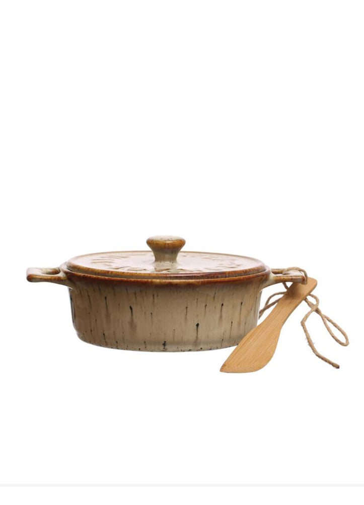 Stoneware Brie Baker with Bamboo Canape Knife by Creative Co-op