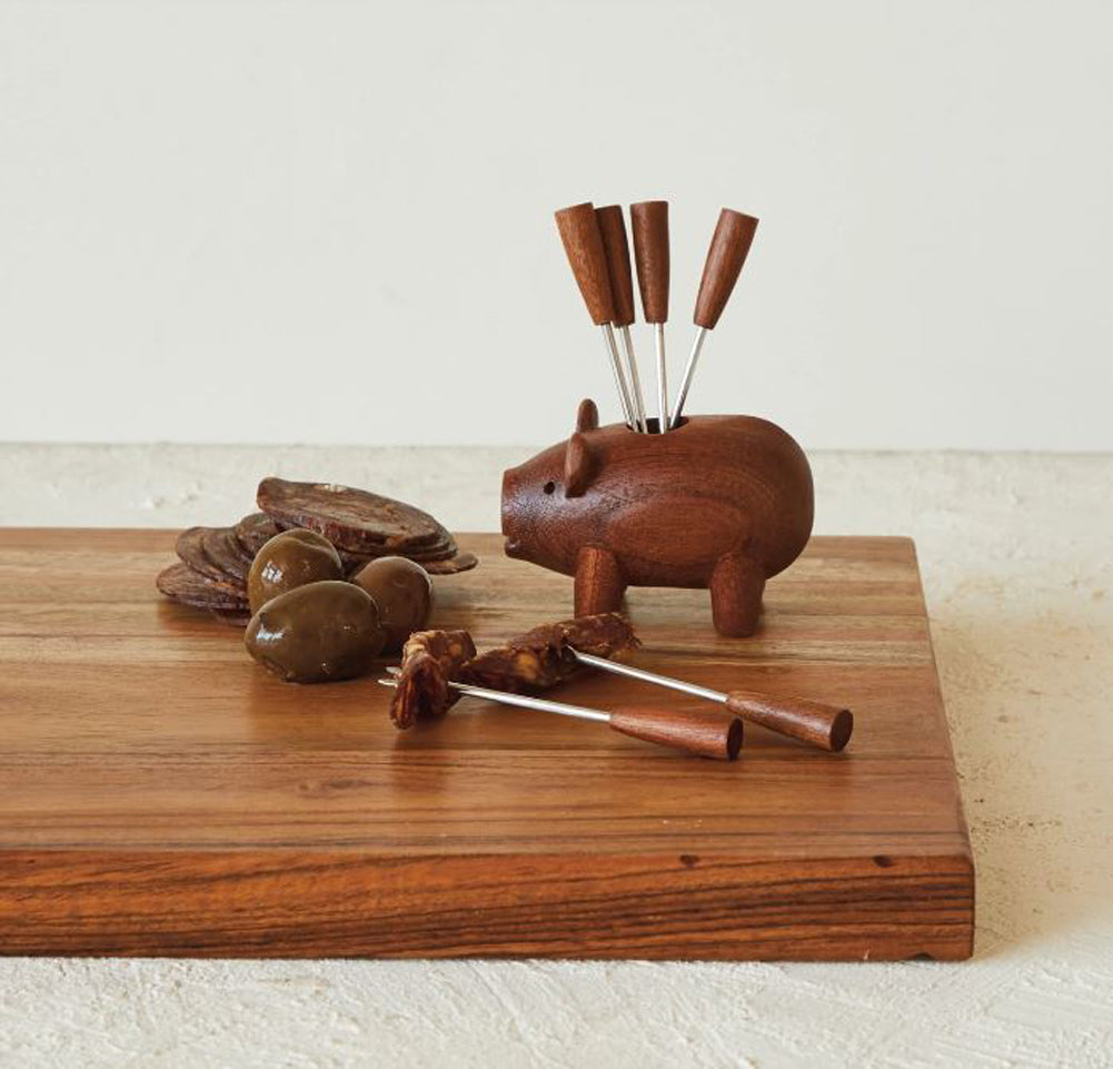 Wood Pig with 6 Appetizer Forks by Creative Co-op