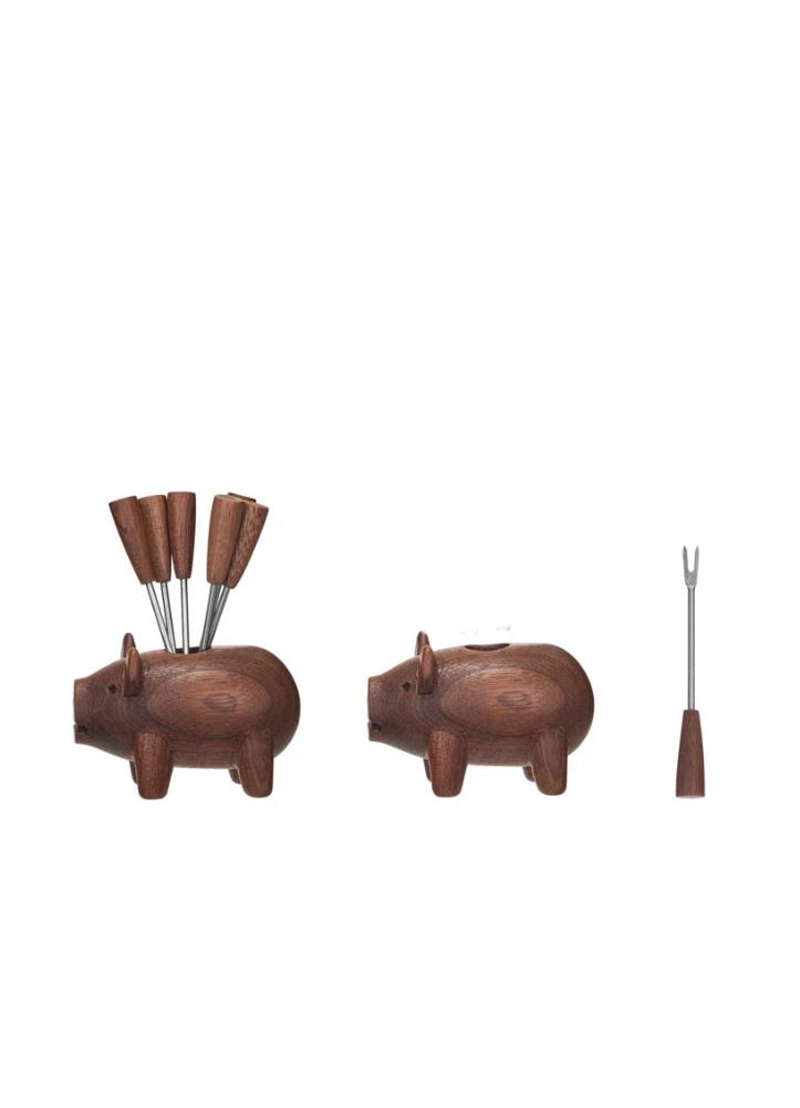 Wood Pig with 6 Appetizer Forks by Creative Co-op