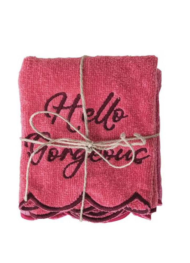 Square Cotton Towels with Embroidered Saying by Creative Co-op