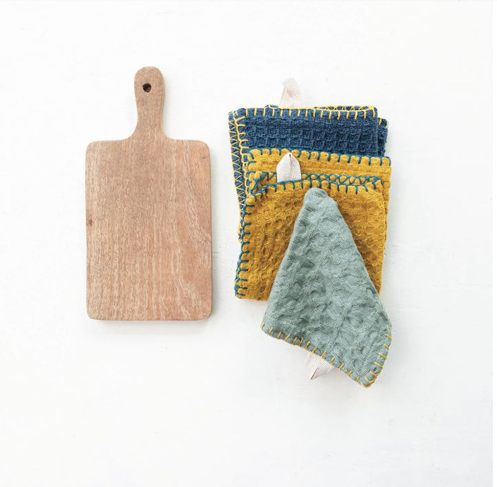 Square Cotton Dish Cloths and Mango Wood Board by Creative Co-op