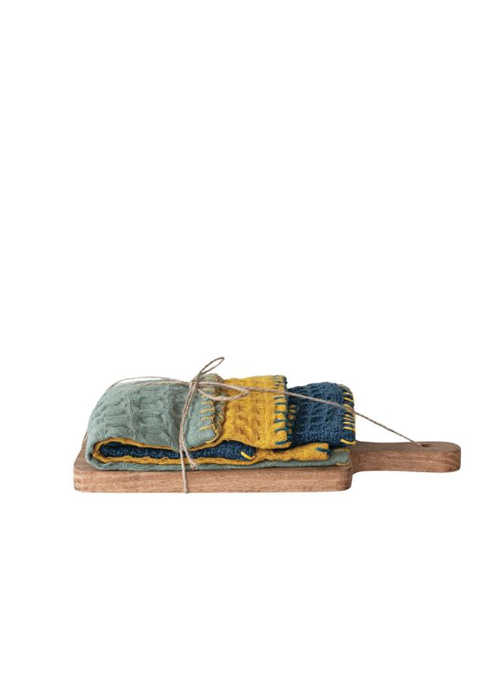 Square Cotton Dish Cloths and Mango Wood Board by Creative Co-op