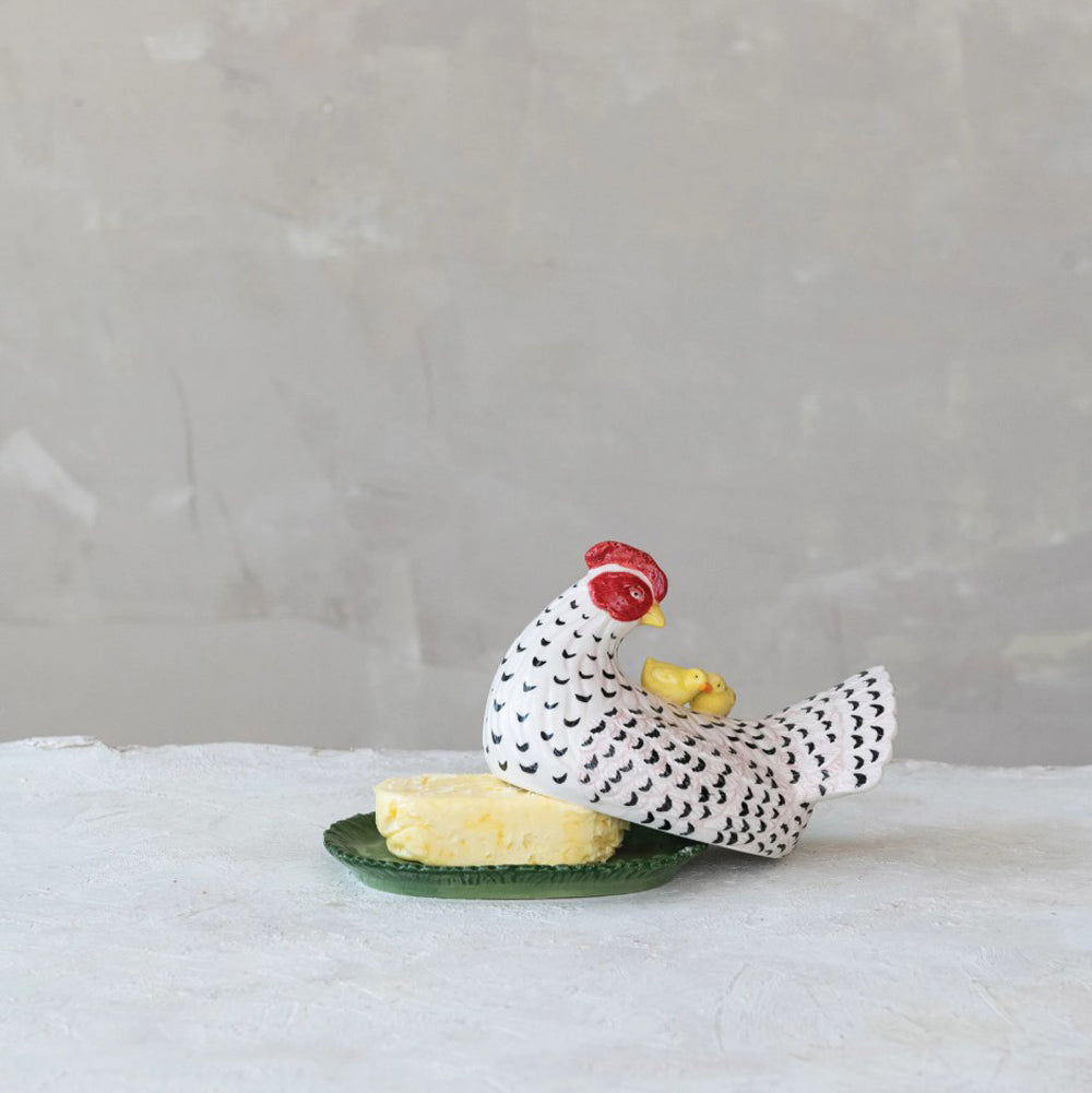 Hand Painted Stoneware Hen Butter Dish with Chicks by Creative Co-op