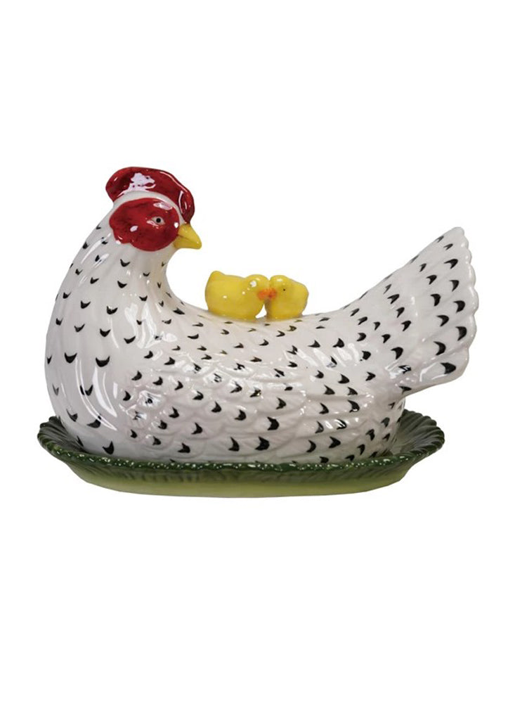 Hand Painted Stoneware Hen Butter Dish with Chicks by Creative Co-op