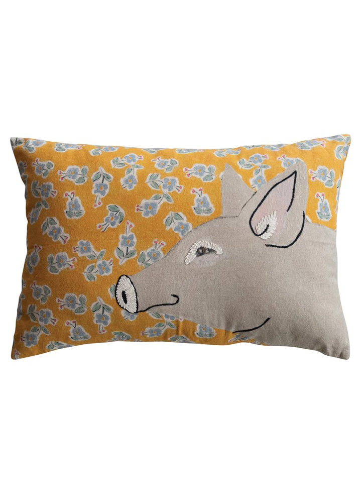 Cotton Pillow with Pig and Flowers by Creative Co-op