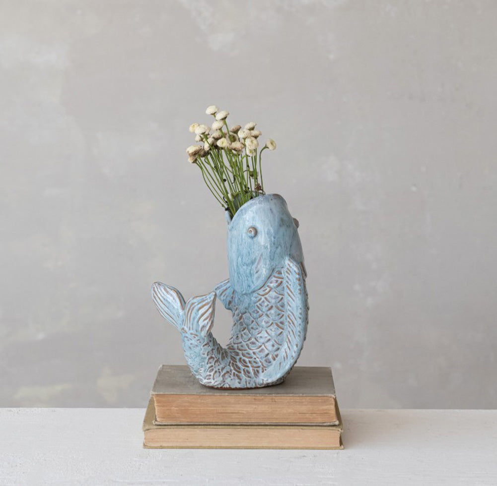 Blue Stoneware Fish Shaped Vase by Creative Co-op