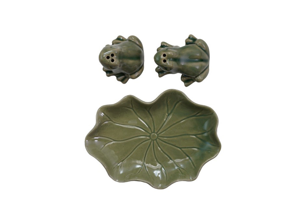 Stoneware Frog Salt & Pepper Shaker with Lily Pad Tray by Creative Co op