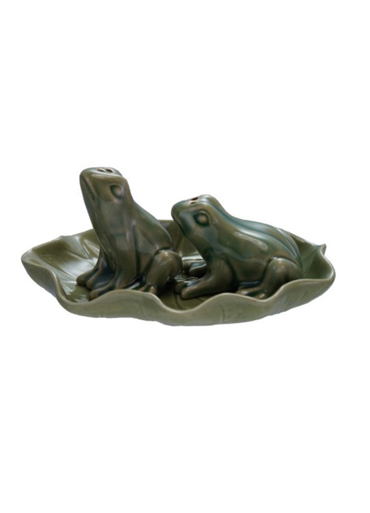 Stoneware Frog Salt & Pepper Shaker with Lily Pad Tray by Creative Co op