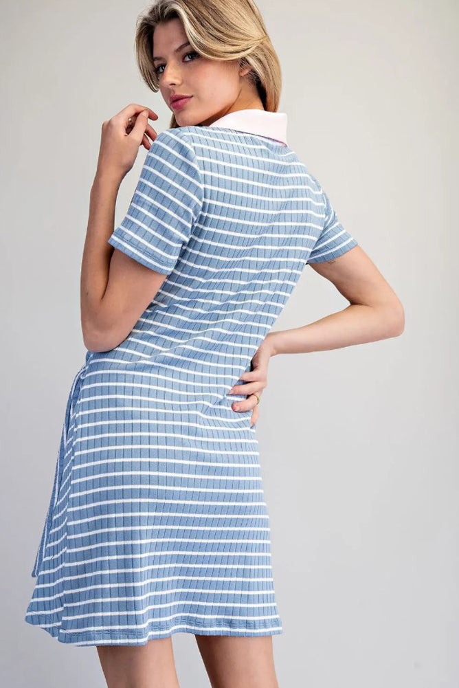 Striped Waist Tie Mini Dress in Peri Sky by eesome