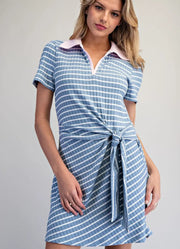Striped Waist Tie Mini Dress in Peri Sky by eesome