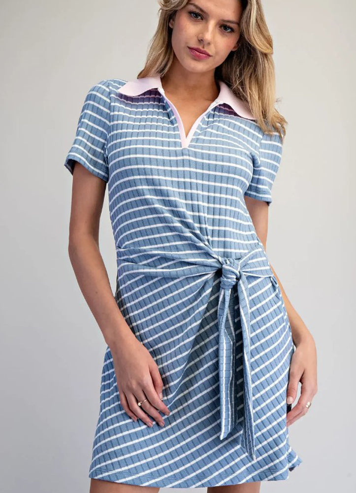 Striped Waist Tie Mini Dress in Peri Sky by eesome