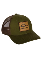Square Leather Patch Mesh Cap in Dark Green in Drake