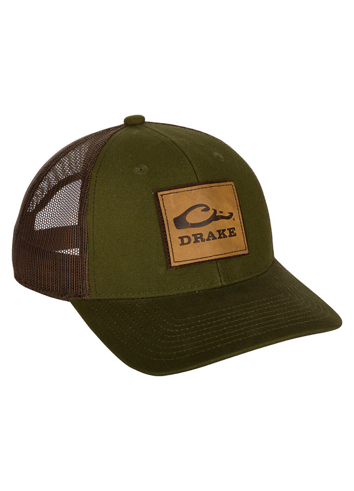 Square Leather Patch Mesh Cap in Dark Green in Drake