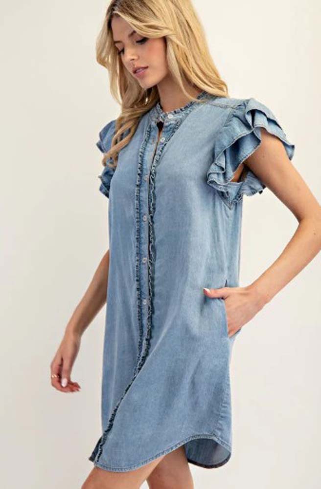 Button Down Ruffle Sleeve Denim Mini Dress by eesome