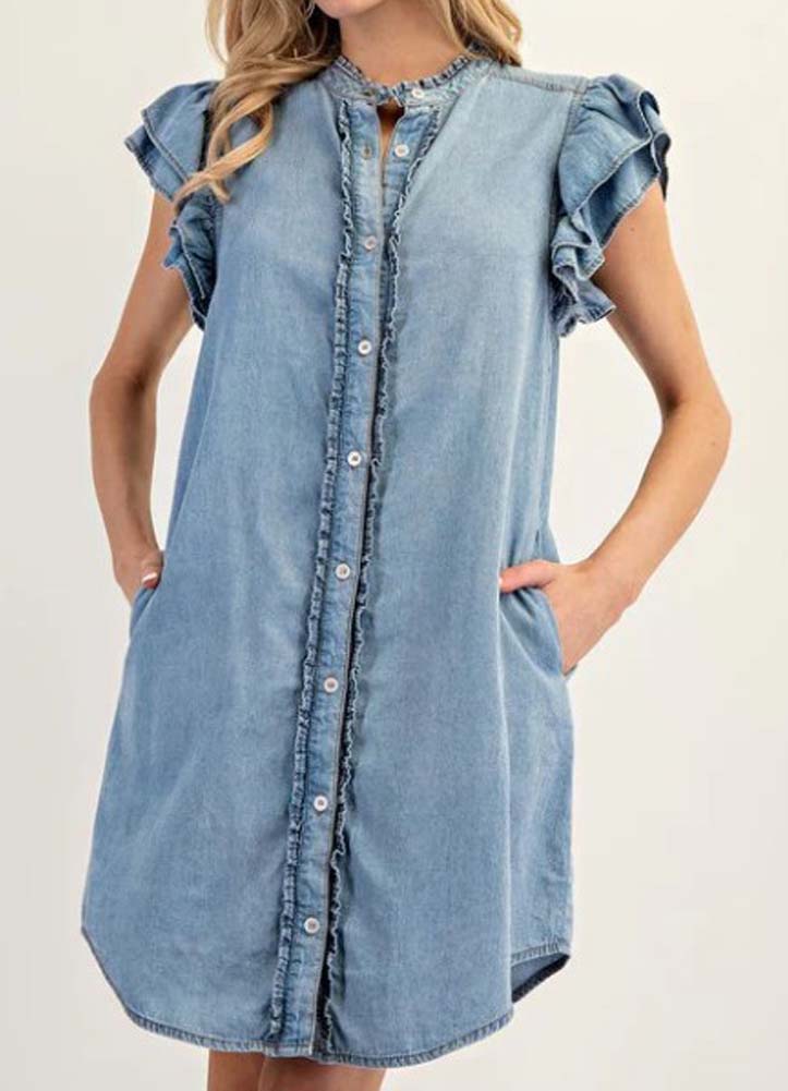 Button Down Ruffle Sleeve Denim Mini Dress by eesome