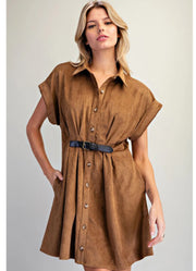 Belted Suede Button Down Dress in Mocha by eesome