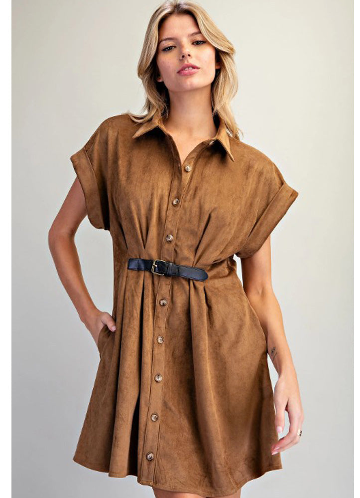 Belted Suede Button Down Dress in Mocha by eesome