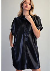 Pleather Mini Shirt Dress in Black by eesome