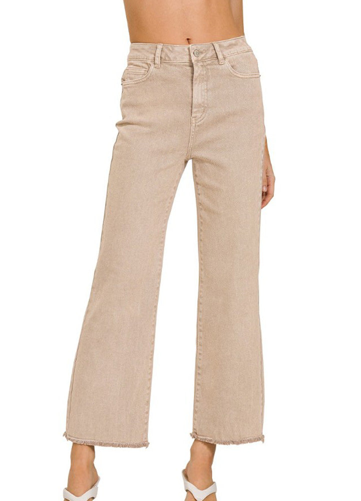 Acid Wash HW Frayed Hem Bootcut Pants in Ash Mocha by Zenana
