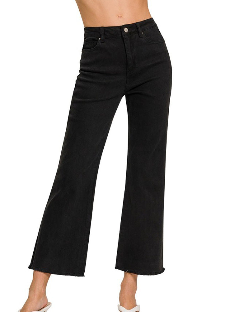 Acid Wash HW Frayed Hem Bootcut Pants in Black by Zenana