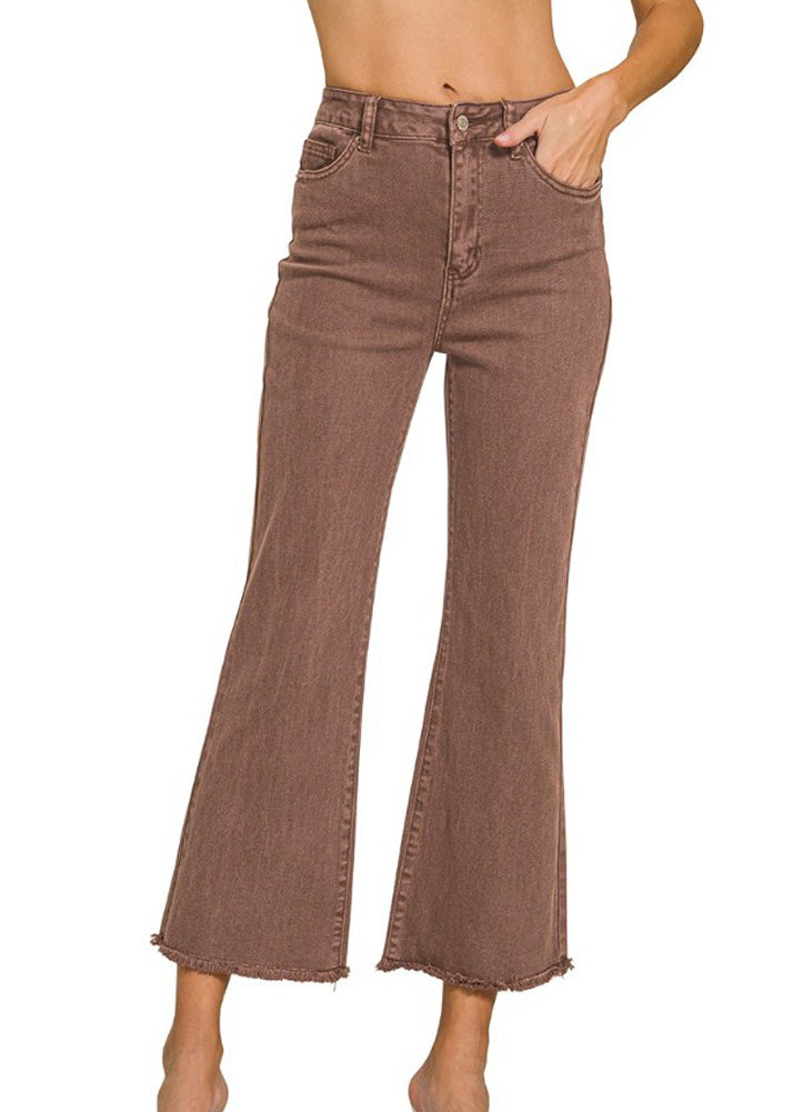 Acid Wash HW Frayed Hem Bootcut Pants in Rum Brown by Zenana