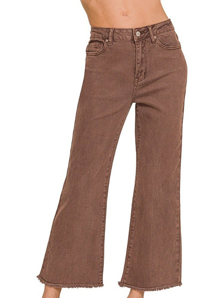 Plus Acid Wash Frayed Hem Bootcut Pants in Rum Brown by Zenana