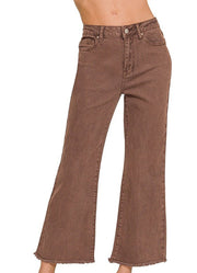 Plus Acid Wash Frayed Hem Bootcut Pants in Rum Brown by Zenana