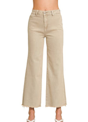 Acid Wash Frayed Hem Straight Wide Pants in Ash Mocha by Zenana