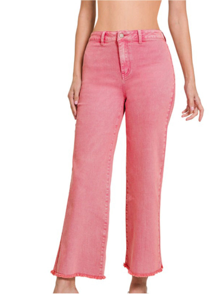 Acid Wash Frayed Hem Straight Wide Pants in Ash Pink by Zenana