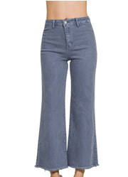 Acid Wash Frayed Hem Straight Wide Pants in Blackberry by Zenana