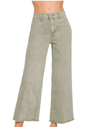 Acid Wash Frayed Hem Straight Wide Pants in Light Olive by Zenana