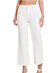 Acid Wash Frayed Hem Straight Wide Pants in White by Zenana