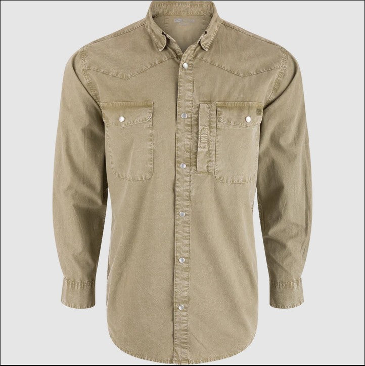 Cinco Ranch Western LS Acid Wash Solid Oil Green by Drake