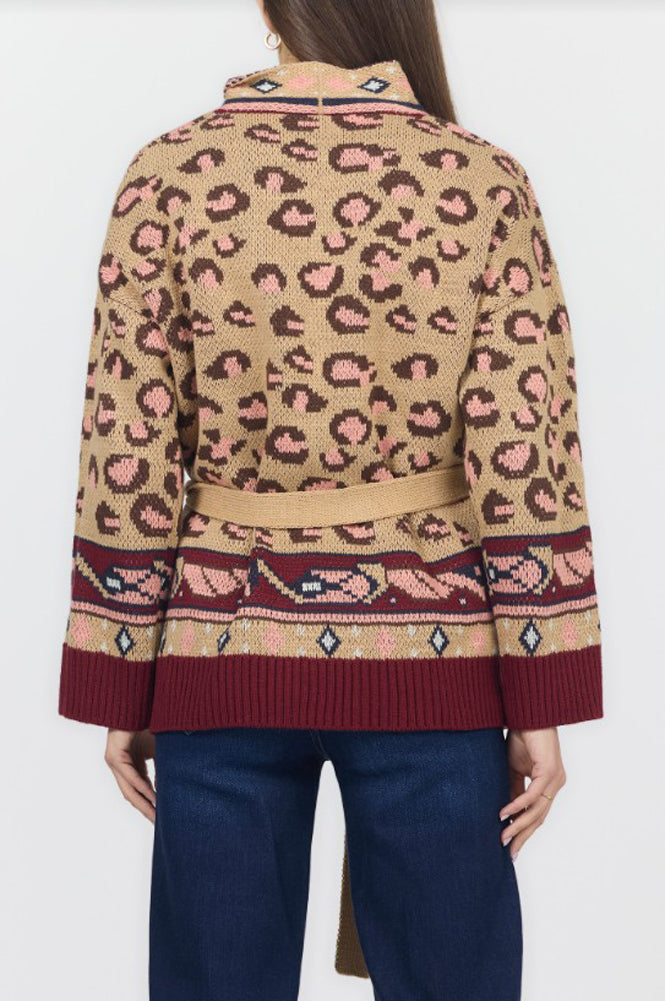 Ines Cardigan in Leopard Intarsia Burgundy by Dear John