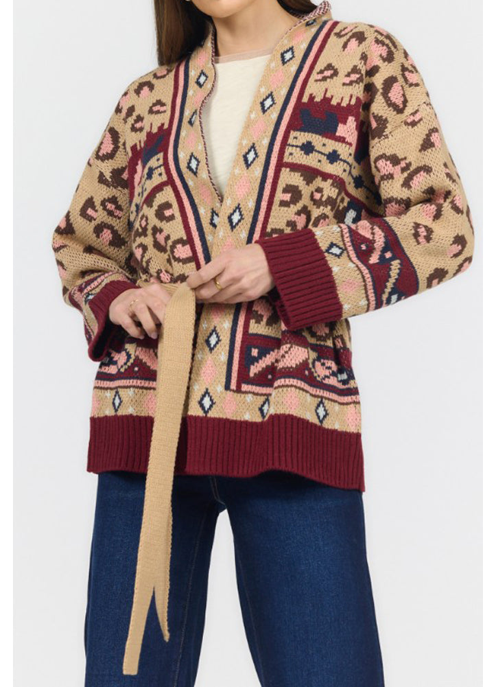 Ines Cardigan in Leopard Intarsia Burgundy by Dear John