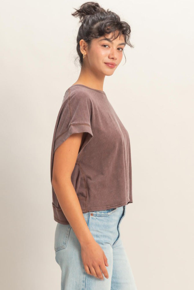 Cropped Open Back Boxed Tee in Chocolate