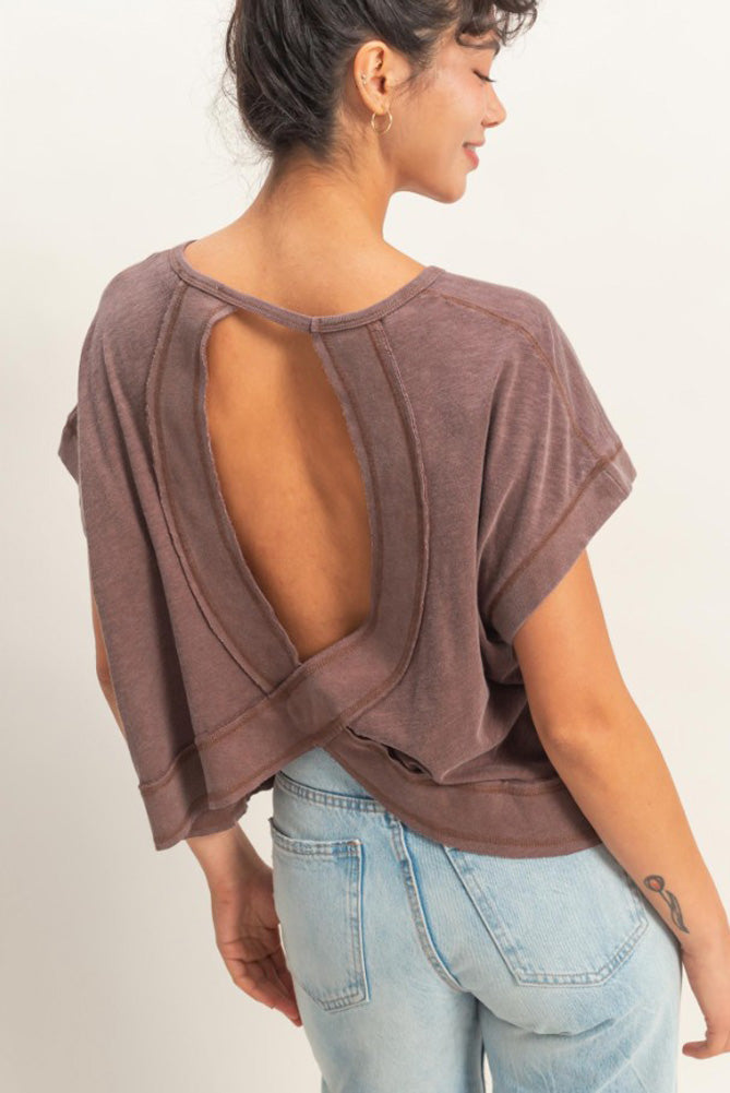 Cropped Open Back Boxed Tee in Chocolate