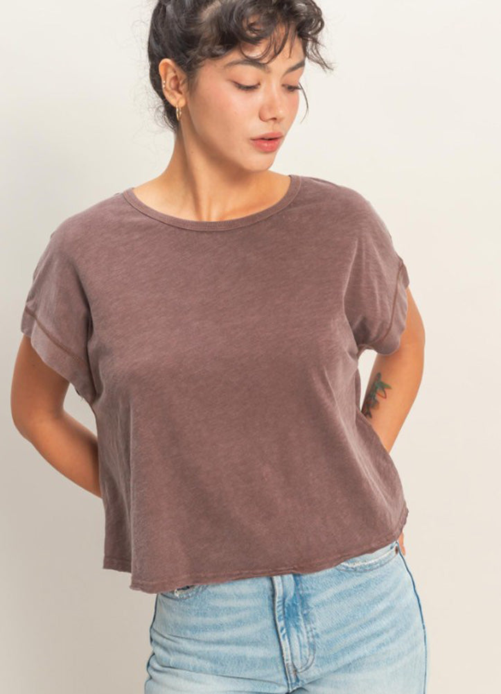 Cropped Open Back Boxed Tee in Chocolate