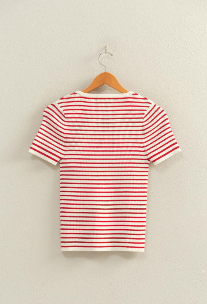 Striped Ribbed SS Top in Red by Hyfve