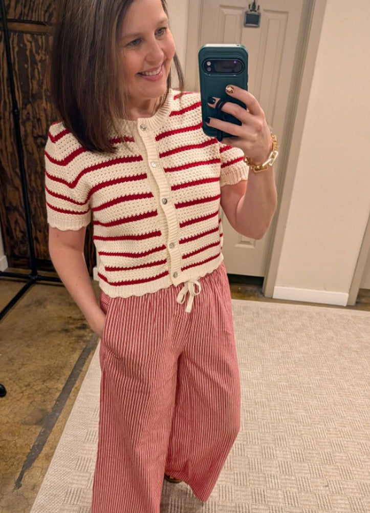 Button Front SS Knit Top in Red by Hyfve