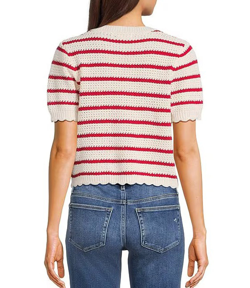 Button Front SS Knit Top in Red by Hyfve