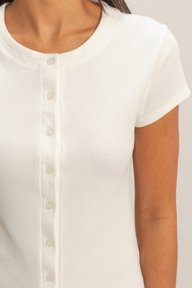 Ribbed Button Front SS Top in Off White by Hyfve