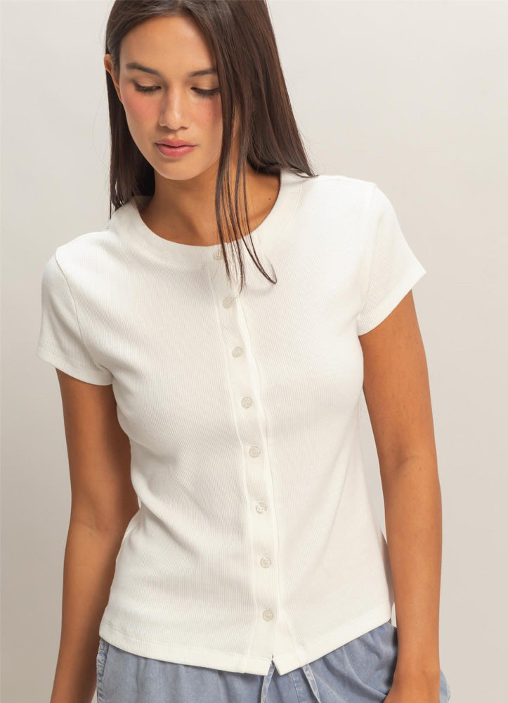 Ribbed Button Front SS Top in Off White by Hyfve