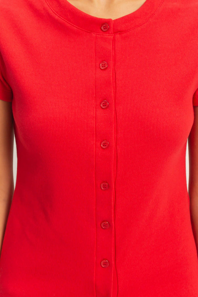 Ribbed Button Front SS Top in Red by Hyfve