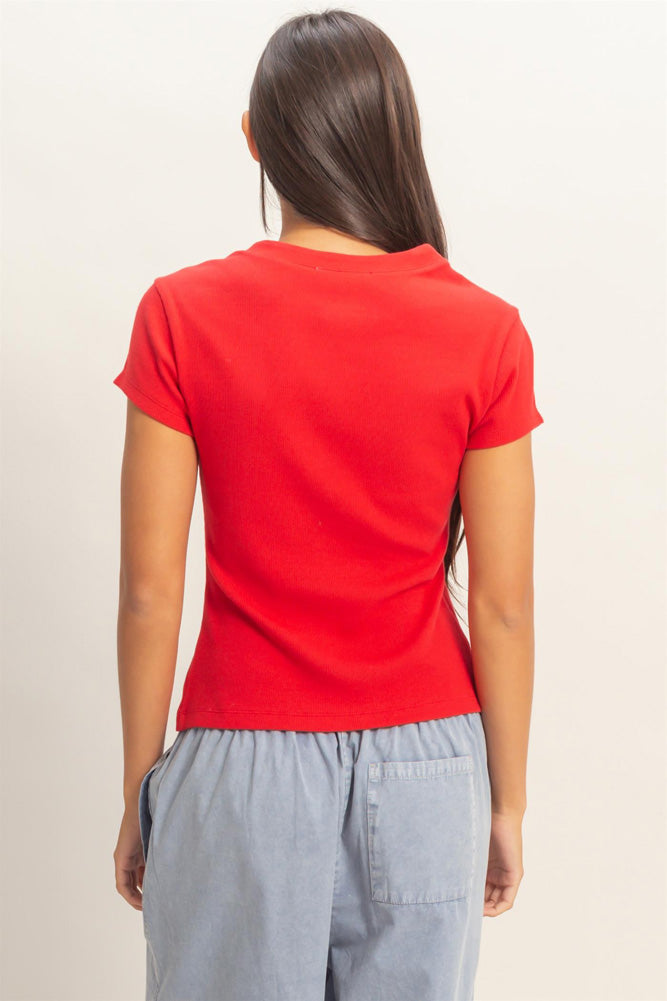 Ribbed Button Front SS Top in Red by Hyfve