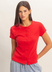 Ribbed Button Front SS Top in Red by Hyfve