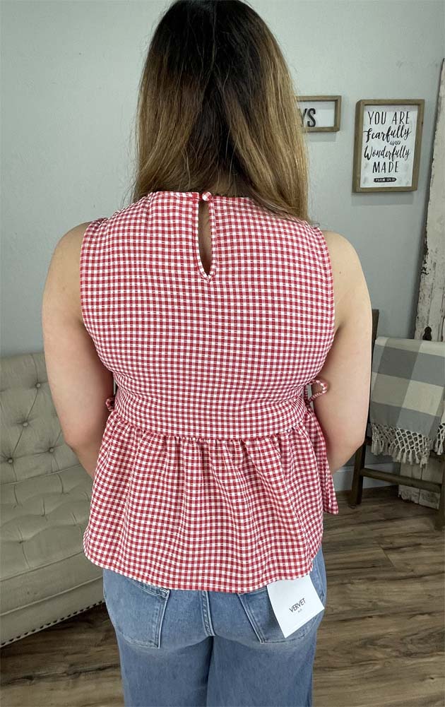 Gingham Sleeveless Peplum Top with Side Ties in Red by Hyfve