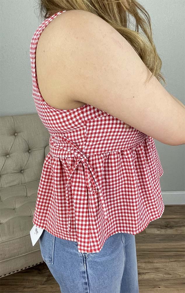 Gingham Sleeveless Peplum Top with Side Ties in Red by Hyfve